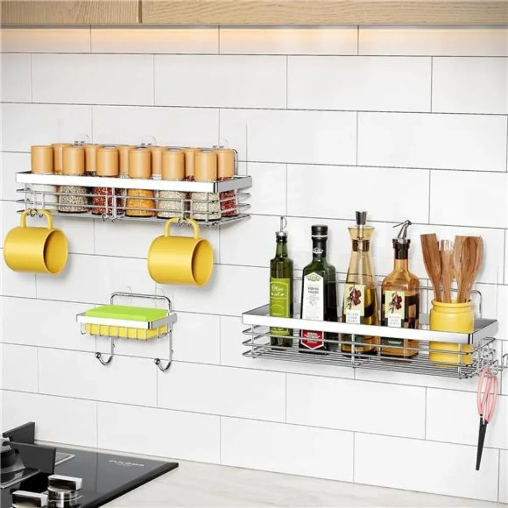 Adhesive Shower Caddy Soap Dish Holder Shelf with 5 Hooks Bathroom